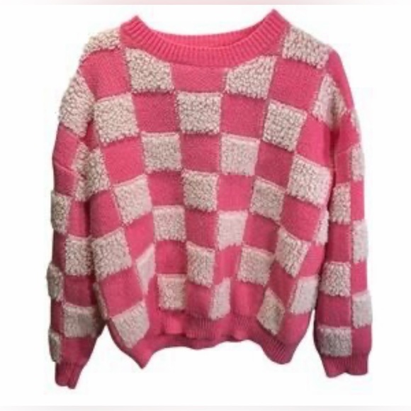 BiBi Sweaters - BiBi Posie Heart Pink and White Checkered Sweater